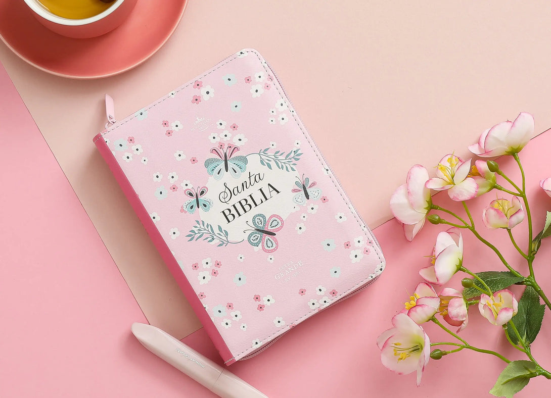 Biblia RVR60 045czti PJR 10 pts Mariposas y flores rosa