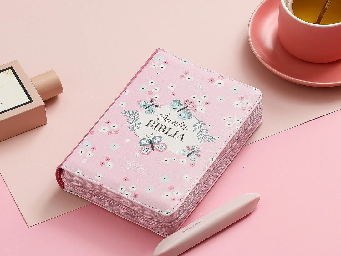 Biblia RVR60 045czti PJR 10 pts Mariposas y flores rosa