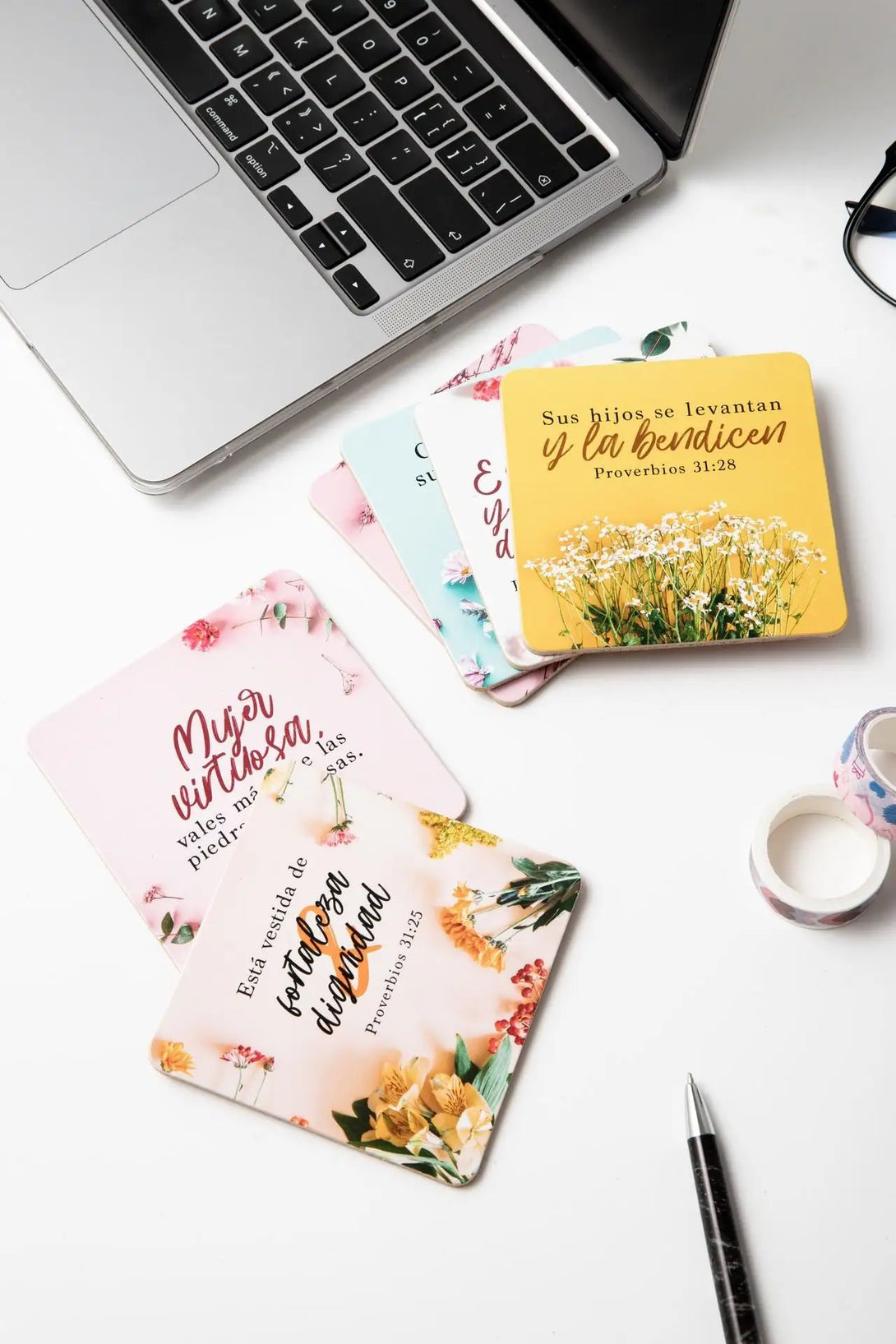 Pack de 6 posavasos con versículos bíblicos. Primavera