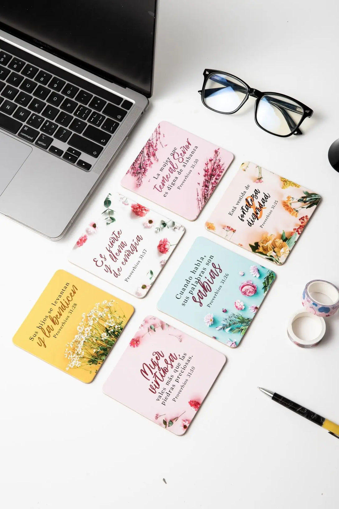 Pack de 6 posavasos con versículos bíblicos. Primavera