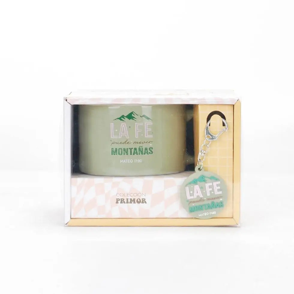 Pack Taza 12 OZ + llavero de caucho. Colección primor. La fe