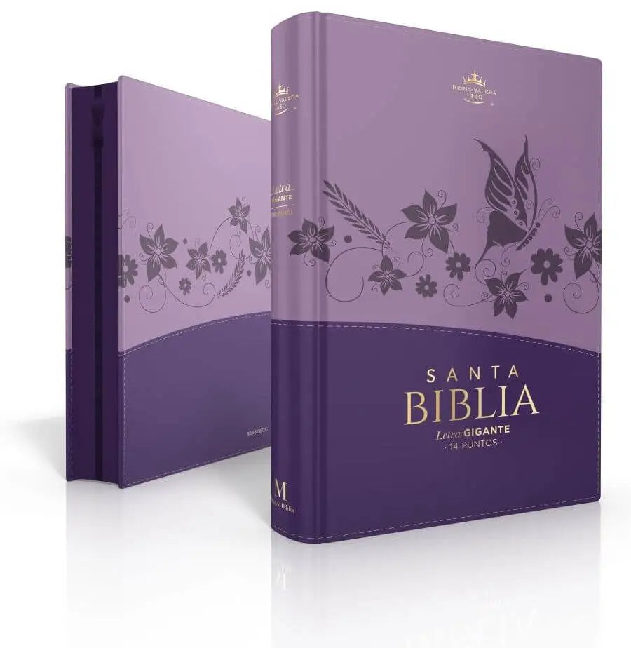 Biblia Reina Valera 1960. Tamaño manual Letra Gigante 14 puntos. Imitación Piel lila/lila con motivos florales.Con cierre y con índice.