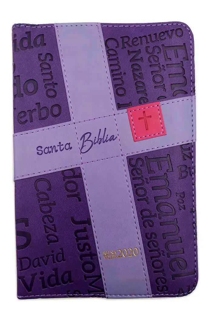 Biblia Reina Valera 2020 Letra Grande 10 puntos tamaño portátil modelo cruz lila con cierre