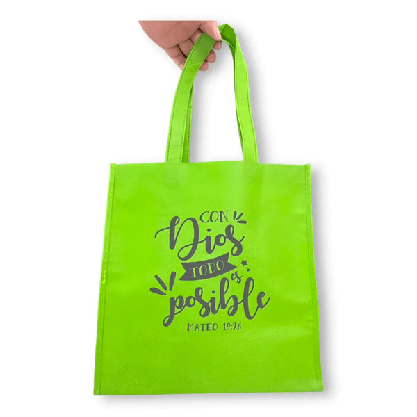 Bolsa de tela Tote bag verde. Con Dios todo es posible