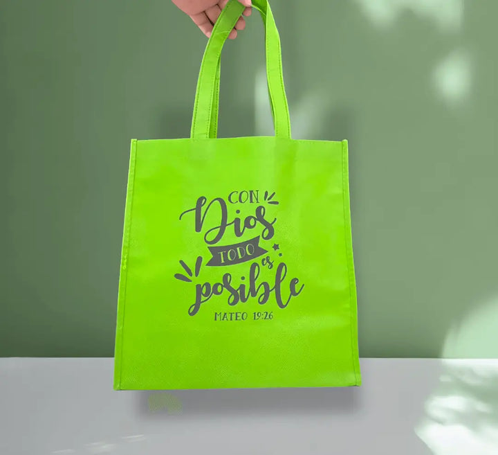 Bolsa de tela Tote bag verde. Con Dios todo es posible